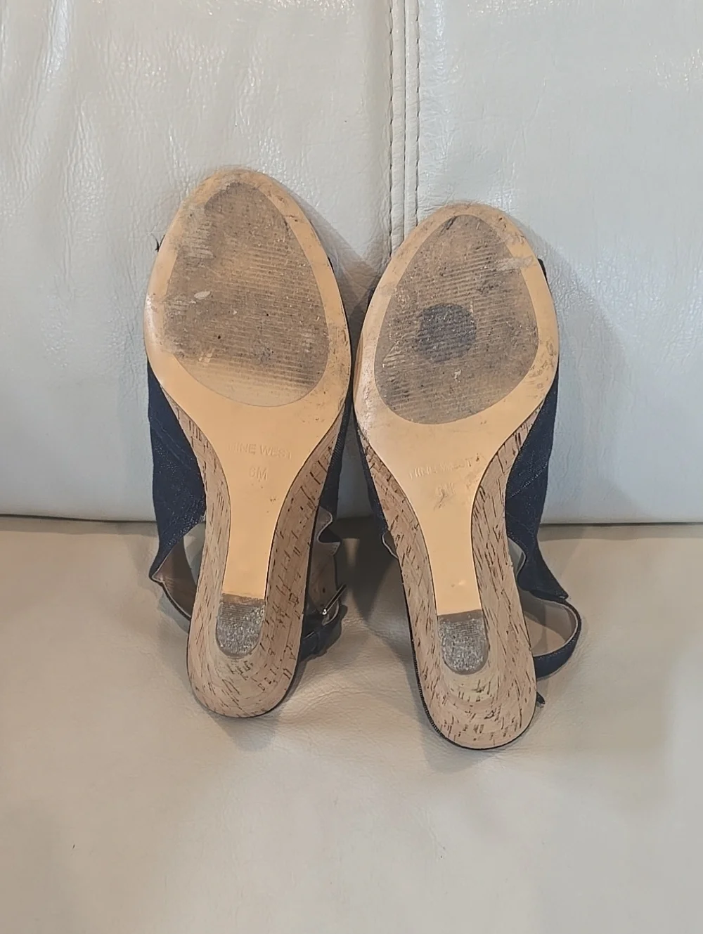 Nine West Open-Toe Ankle Wedges in Dark Navy Denim Size 6